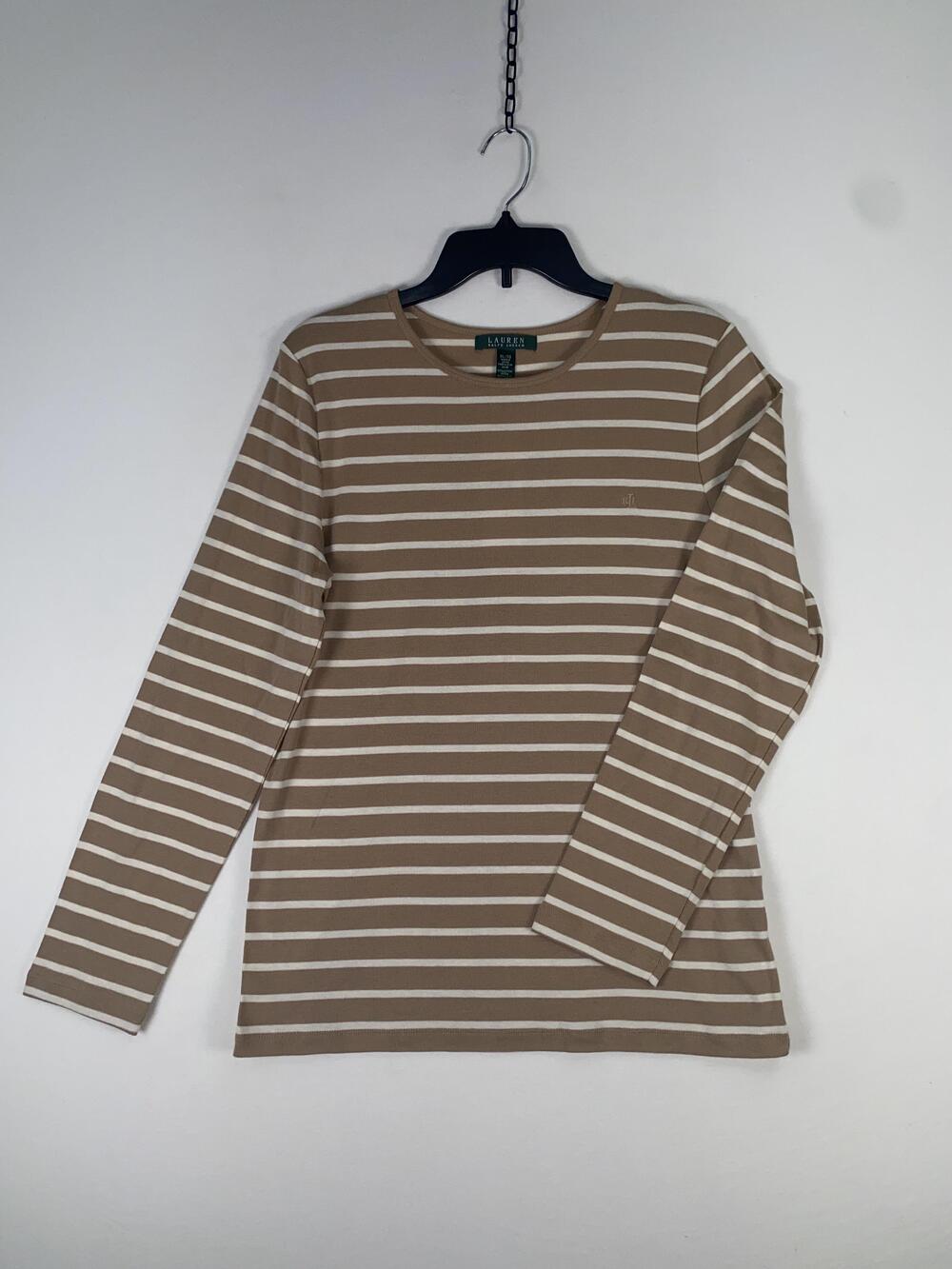Lauren Ralph Lauren T-shirt Womens XL Beige Stripe Long Sleeve Cotton Jersey Top